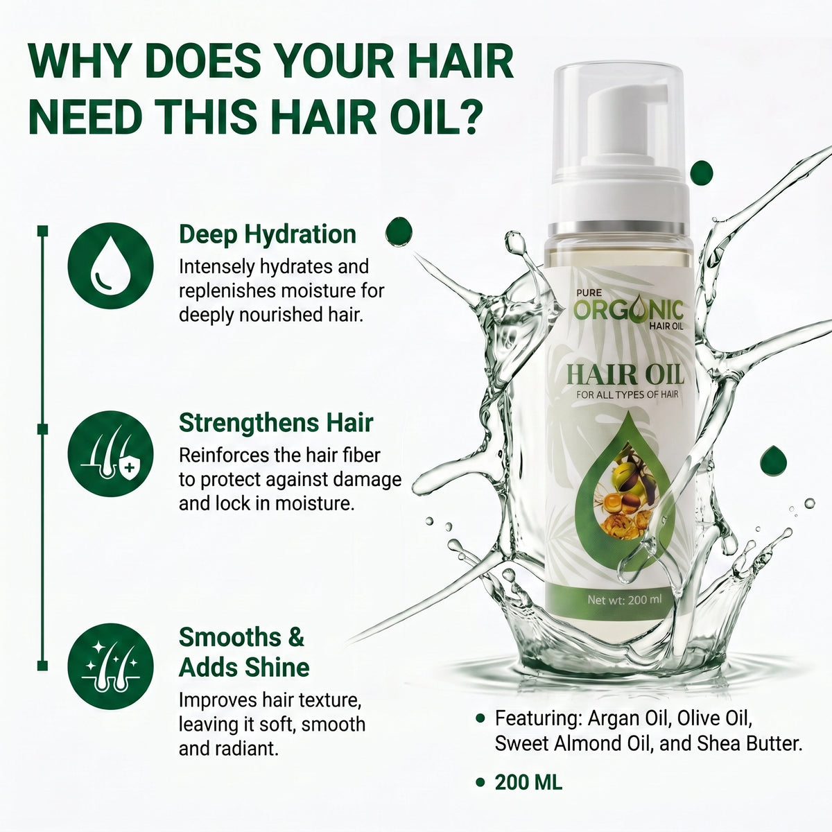 Pure Organic Hair Oil— Reduces Hair Fall for All Hair Types